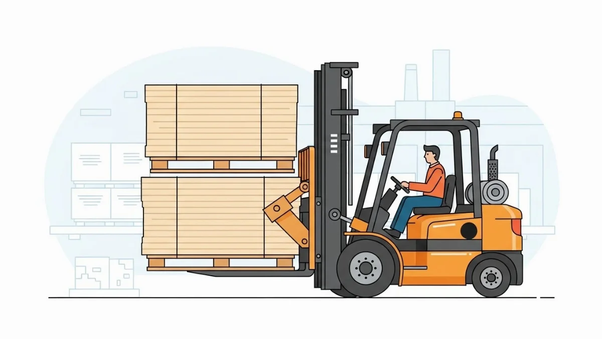 Công nhân vận hành xe nâng kẹp cuộn giấy trong kho hàng lớn