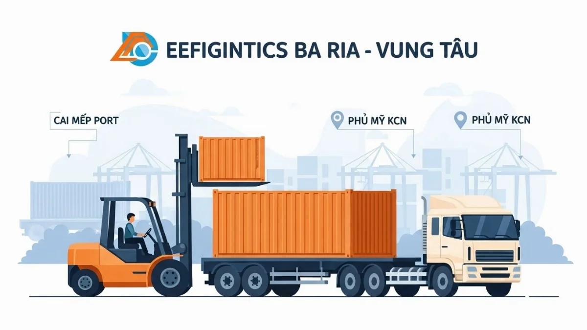 Xe nâng tải trọng lớn đang bốc dỡ hàng hóa tại Cảng Cái Mép Vũng Tàu