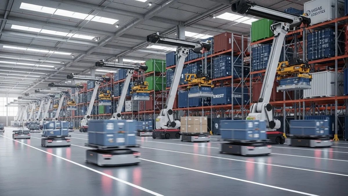 AGV vận chuyển pallet trong nhà kho hiện đại, tối ưu hóa không gian