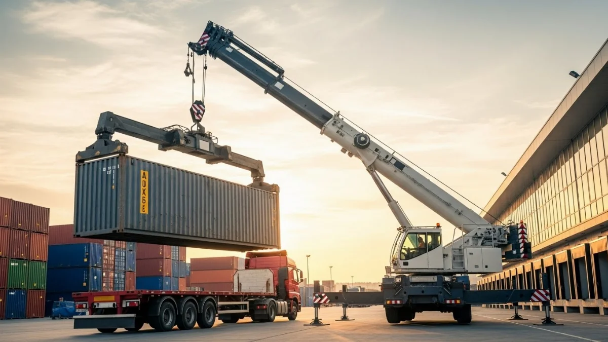 Xe nâng điện hiện đại thực hiện rút hàng từ container tại kho