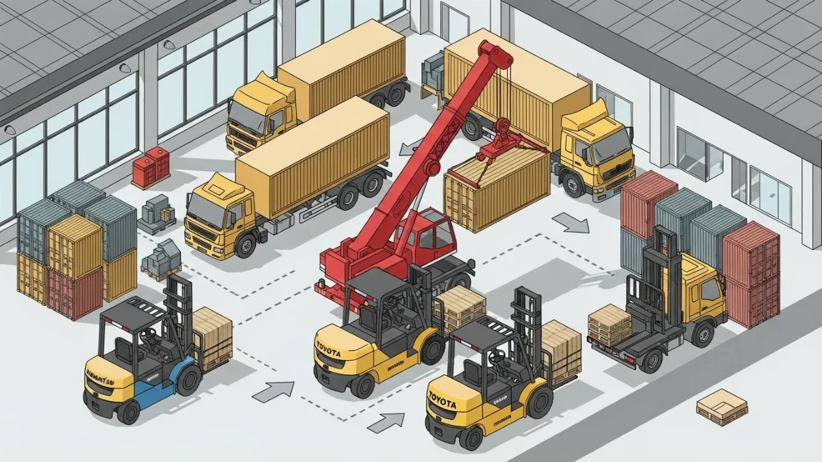 Xe nâng điện Komatsu đời mới đang sạc pin trong nhà kho