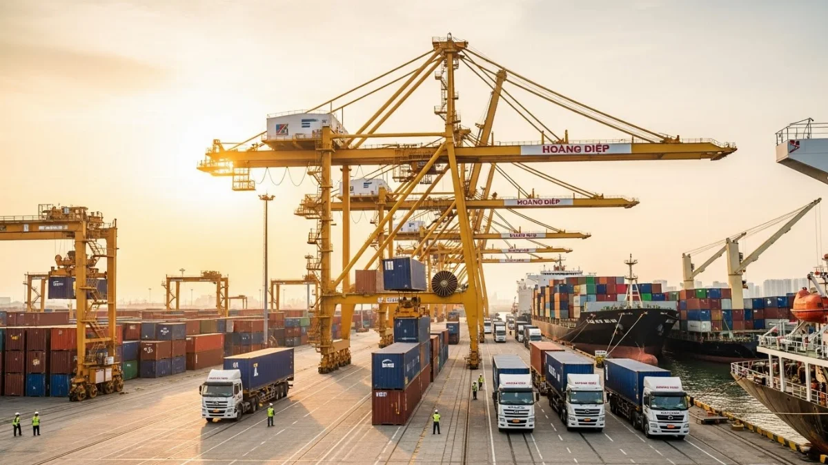 Xe container của Hoàng Diệp Logistics đang vận chuyển hàng hóa tại cảng Cát Lái