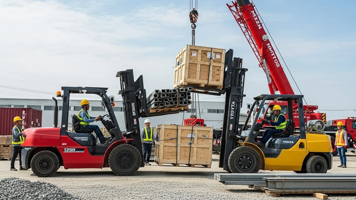 Xe nâng dầu Mitsubishi vận chuyển vật liệu nặng trên công trường