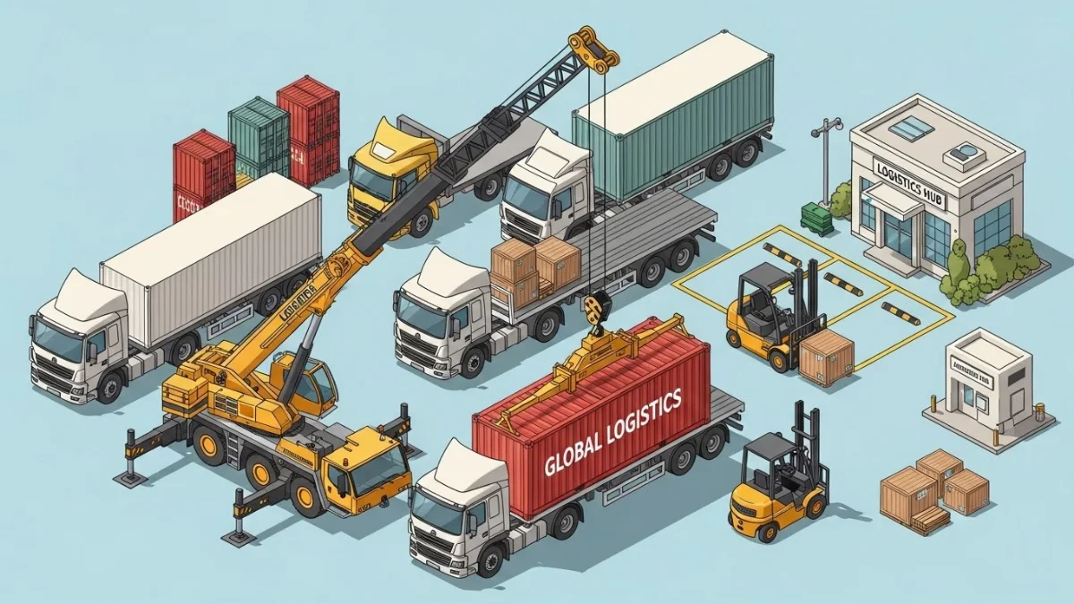 Nhiều xe nâng hoạt động nhịp nhàng tại bãi để rút hàng từ container