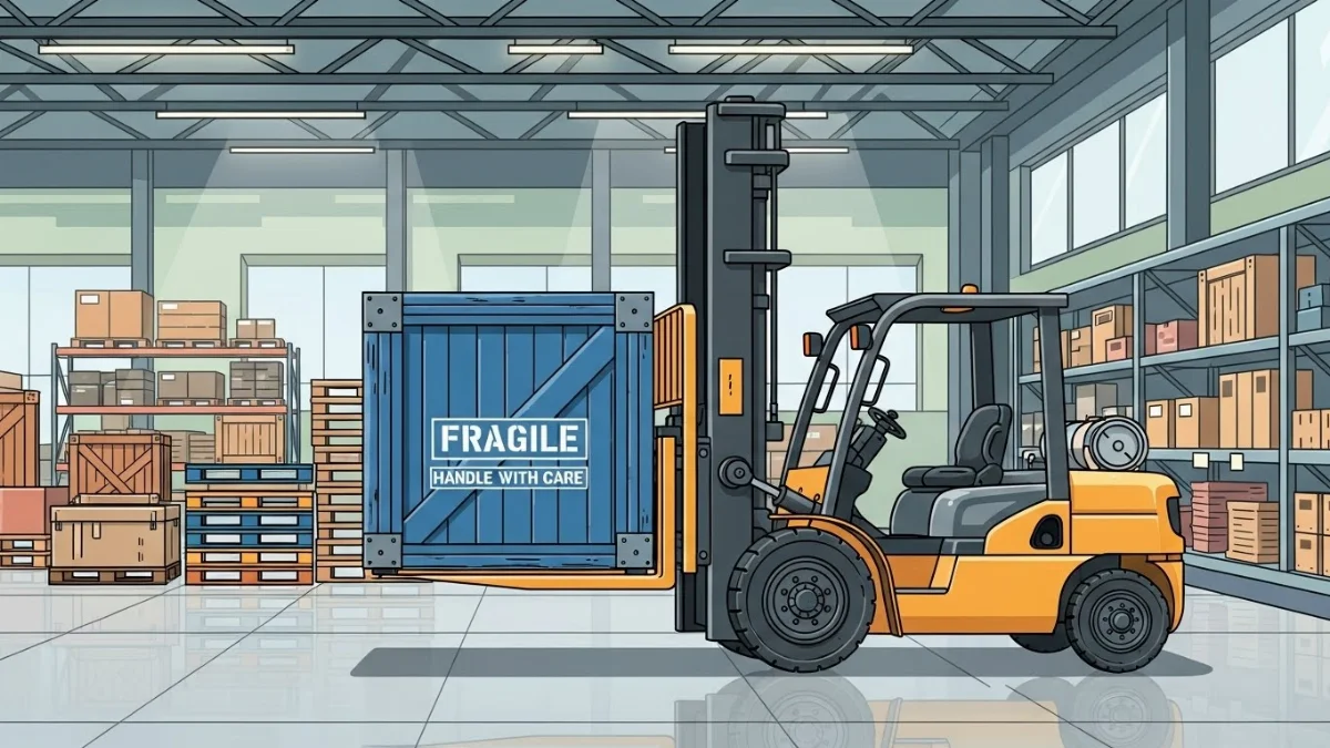 Xe nâng dầu lớn đang rút hàng từ bên trong container.