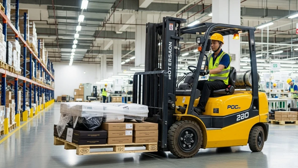 Xe nâng điện 1.5 tấn đang vận chuyển nguyên liệu trong xưởng giày