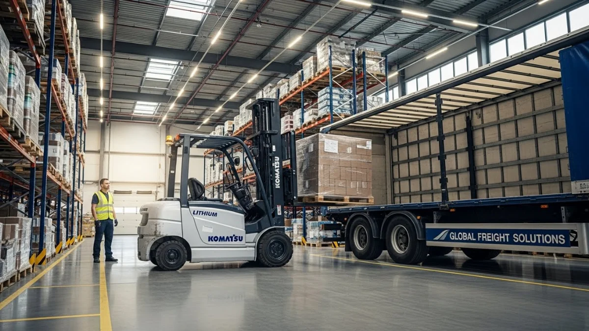 Xe nâng điện Komatsu hiện đại, mạnh mẽ, vận hành êm ái trong kho bãi.