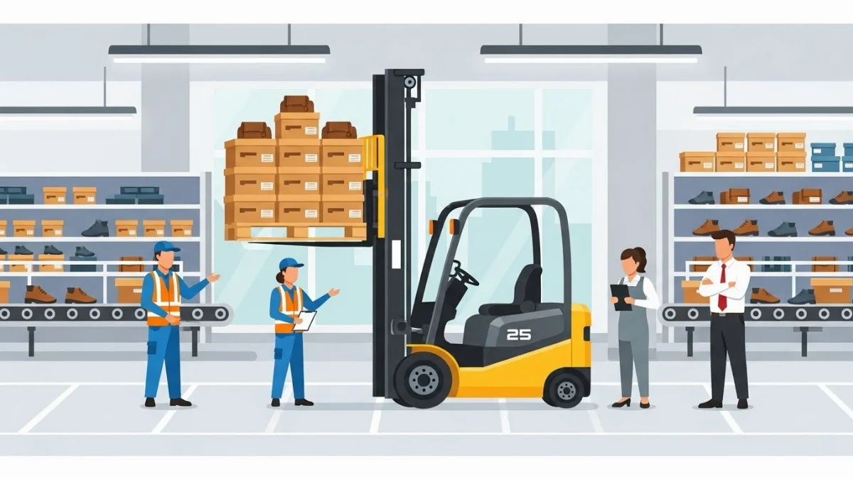 C&ocirc;ng nh&acirc;n vận h&agrave;nh xe n&acirc;ng điện 1.5 tấn trong kho h&agrave;ng gi&agrave;y da