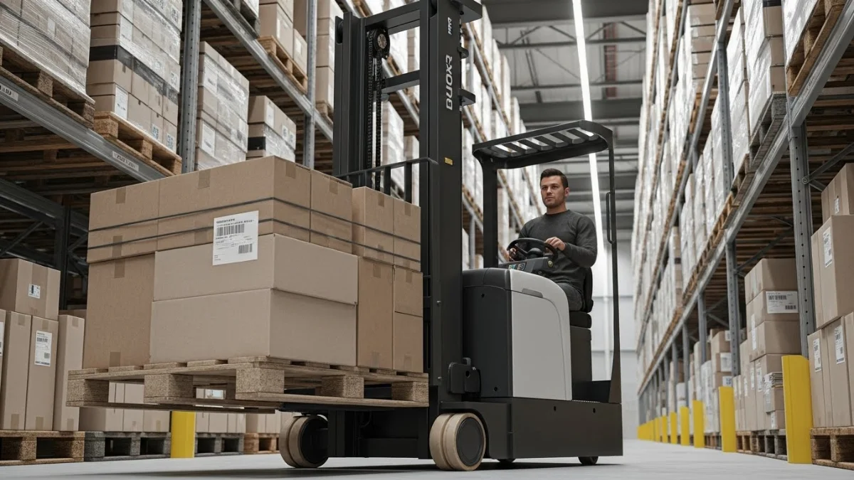 Xe nâng điện 3 bánh nhỏ gọn hoạt động trong kho hẹp