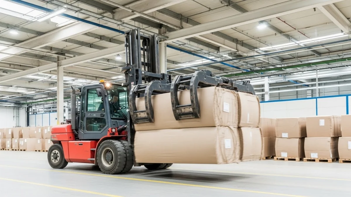 Xe nâng kẹp giấy hoạt động hiệu quả trong nhà máy sản xuất