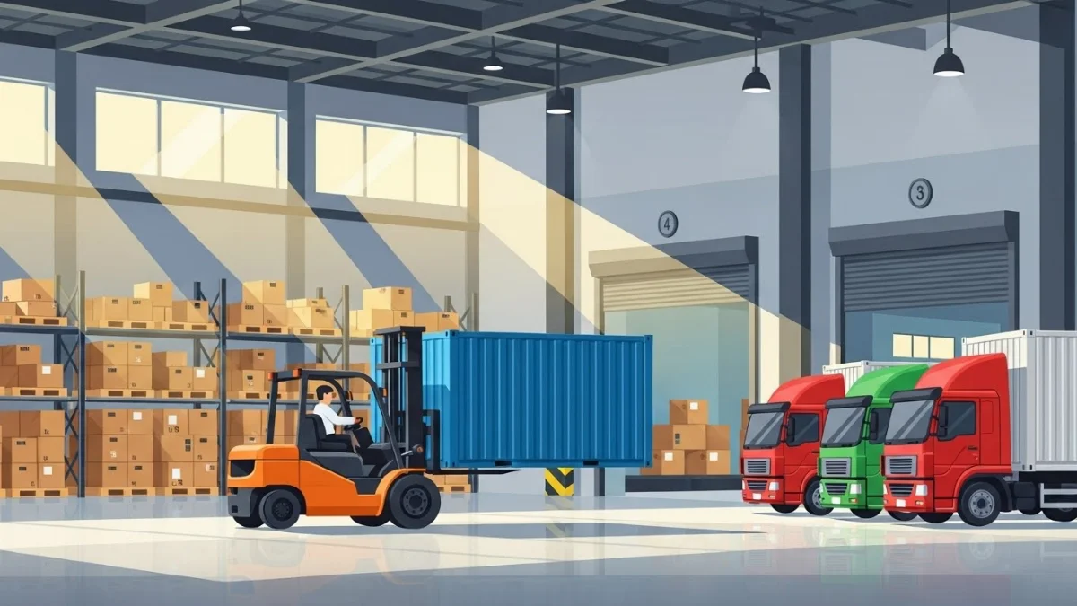 Công nhân đang bốc xếp hàng hóa cẩn thận sau khi rút từ container