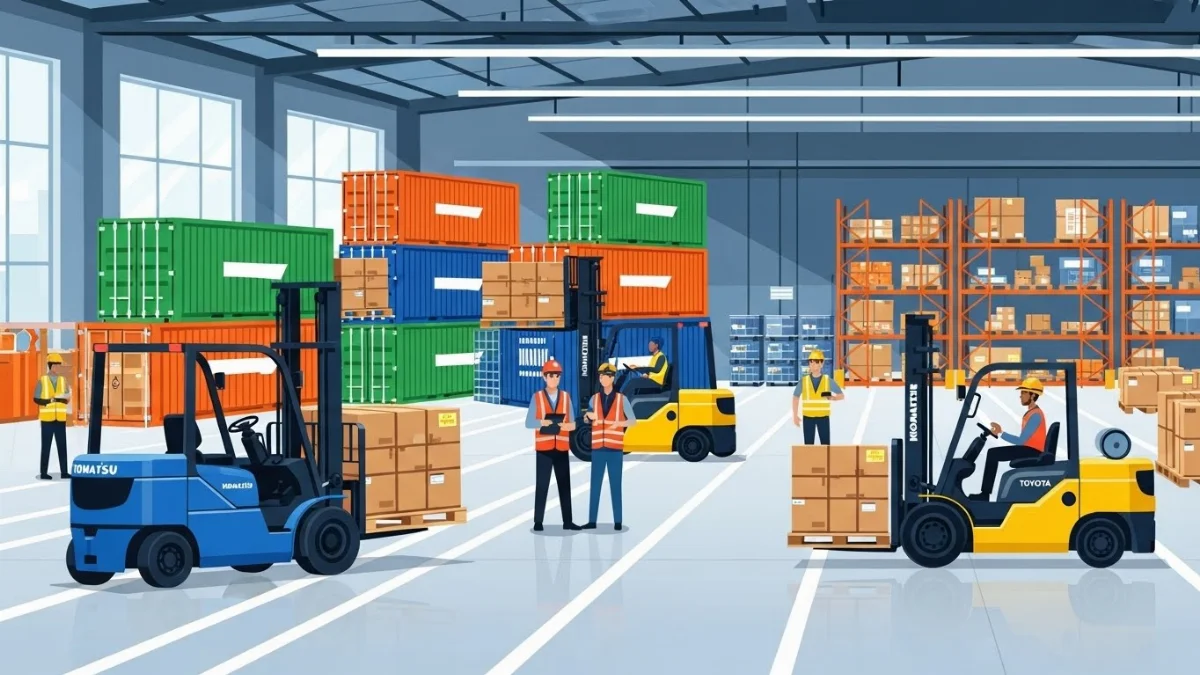 Xe nâng điện Toyota hiện đại di chuyển hàng trong kho
