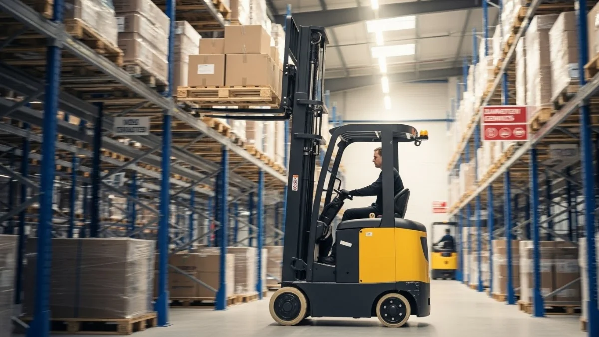 Xe nâng điện 3 bánh làm việc trong không gian kho hẹp hiệu quả