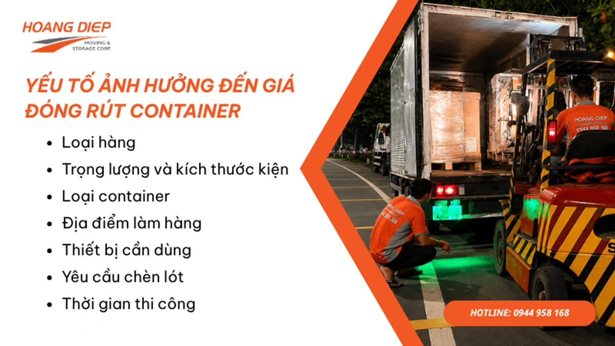 Các yếu tố như loại hàng, trọng lượng, container, địa điểm và thời gian thi công có thể ảnh hưởng đến giá đóng rút container.