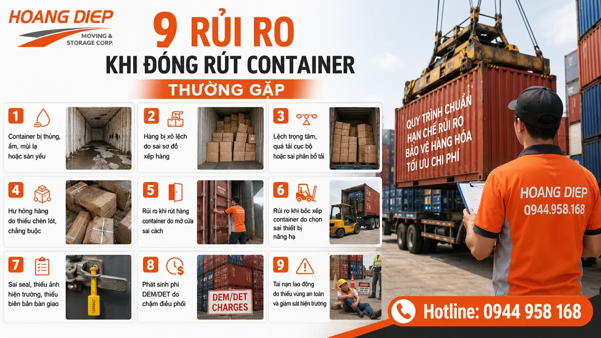 9 rủi ro khi đóng rút container, hướng dẫn nhận diện lỗi thường gặp để bốc dỡ hàng hóa an toàn và hạn chế phát sinh chi phí.