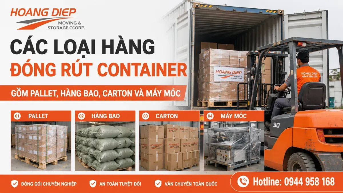 Các loại hàng đóng rút container gồm pallet, hàng bao, carton và máy móc