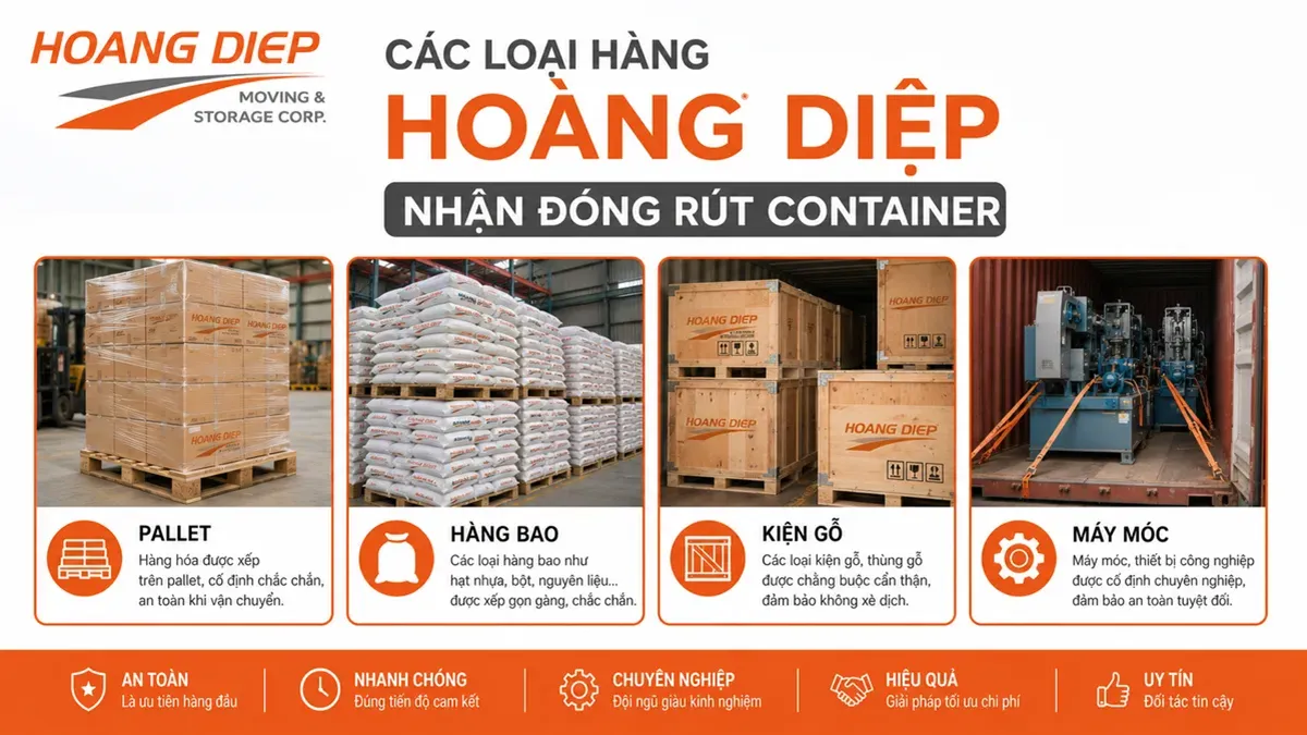 Các loại hàng đóng rút container gồm pallet, kiện gỗ, hàng bao và máy móc