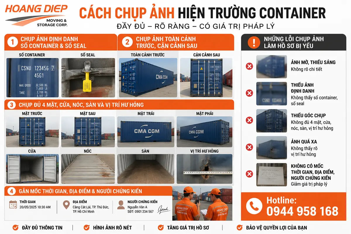 Cách chụp ảnh hiện trường container đúng góc độ, ghi nhận số container, seal, tình trạng vỏ và hàng hóa để làm bằng chứng giao nhận.