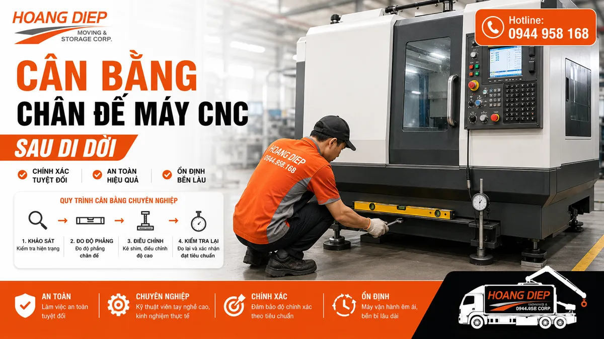 Cân bằng chân đế máy CNC sau di dời