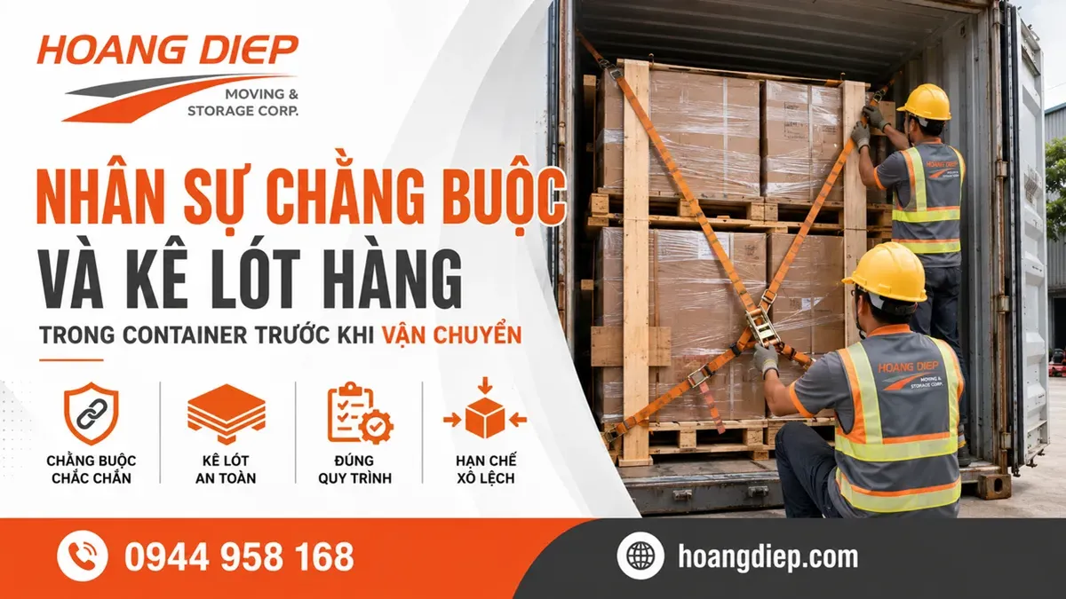 Nhân sự chằng buộc và kê lót hàng trong container trước khi vận chuyển