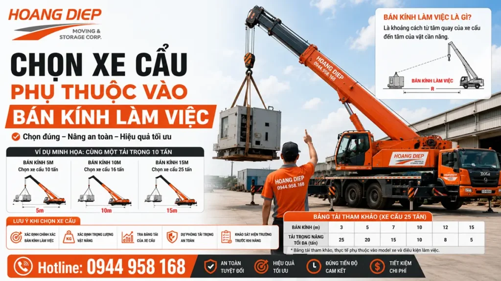Hướng dẫn chọn xe cẩu phù hợp theo bán kính làm việc, tải trọng hàng và vị trí nâng hạ, giúp thuê xe cẩu an toàn, đúng phương án và hạn chế phát sinh chi phí.