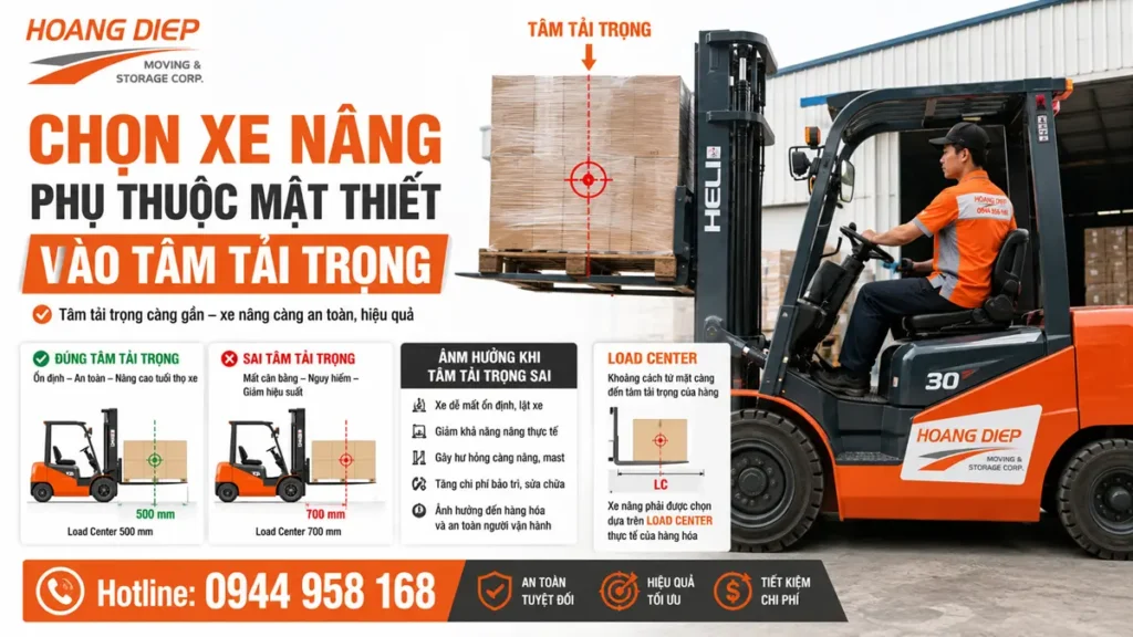Hướng dẫn chọn xe nâng dựa vào tâm tải trọng, giúp thuê xe nâng đúng tải, nâng hạ hàng hóa an toàn và hạn chế rủi ro khi xử lý hàng nặng.