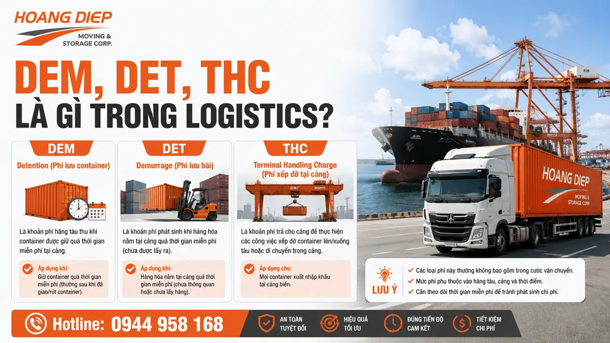 Dịch vụ đóng rút container Hoàng Diệp giúp doanh nghiệp hiểu DEM, DET, THC trong logistics, hạn chế phí lưu container, lưu bãi và phát sinh khi xuất nhập hàng hóa