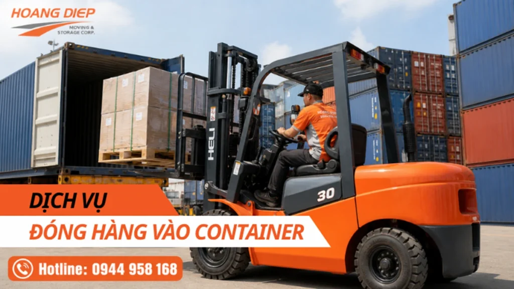 Dịch vụ đóng hàng vào container của Nâng hạ & Vận tải Hoàng Diệp, hỗ trợ bốc xếp, nâng hạ và đưa hàng hóa vào container an toàn, gọn gàng tại kho bãi, nhà xưởng và khu công nghiệp.