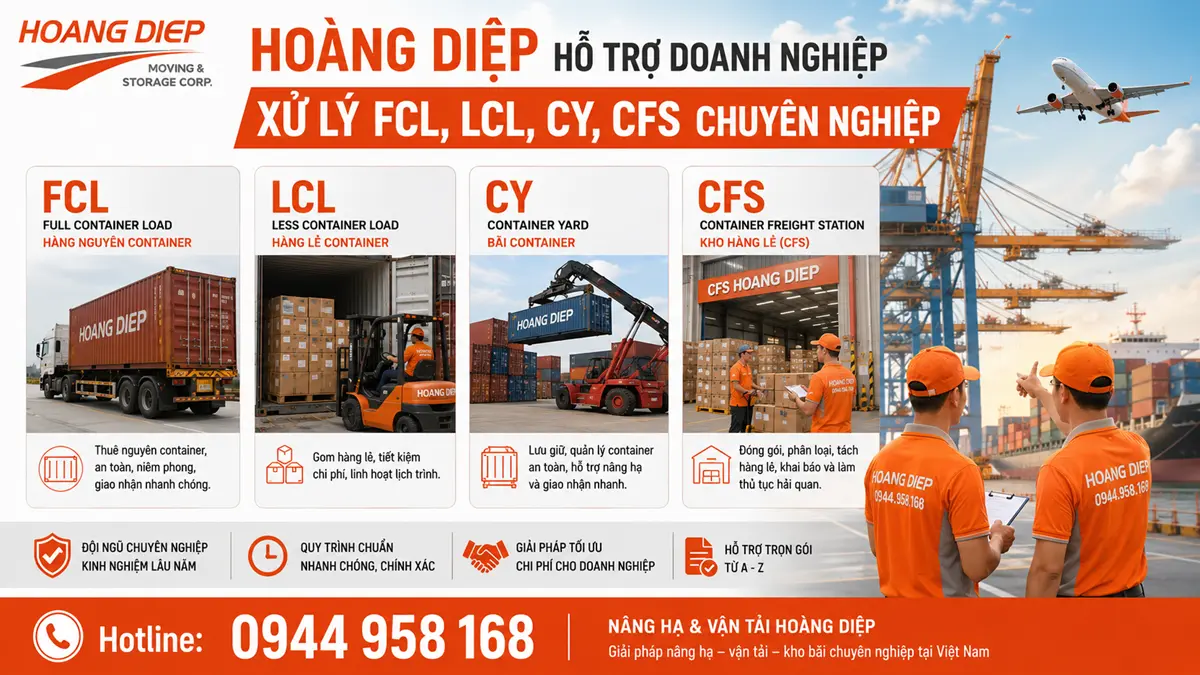 Dịch vụ đóng rút container Hoàng Diệp hỗ trợ xử lý FCL, LCL, CY, CFS, từ đóng hàng, rút hàng, bốc xếp bằng xe nâng đến lưu giữ và giao nhận hàng hóa tại kho bãi logistics.