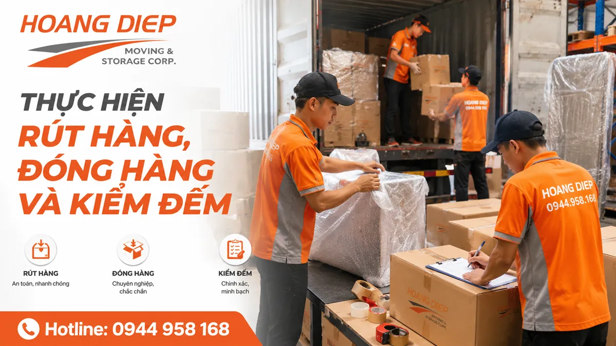 Nhân viên Hoàng Diệp đóng hàng container tại KCN Long Thành bằng quy trình bốc xếp chuyên nghiệp và an toàn.