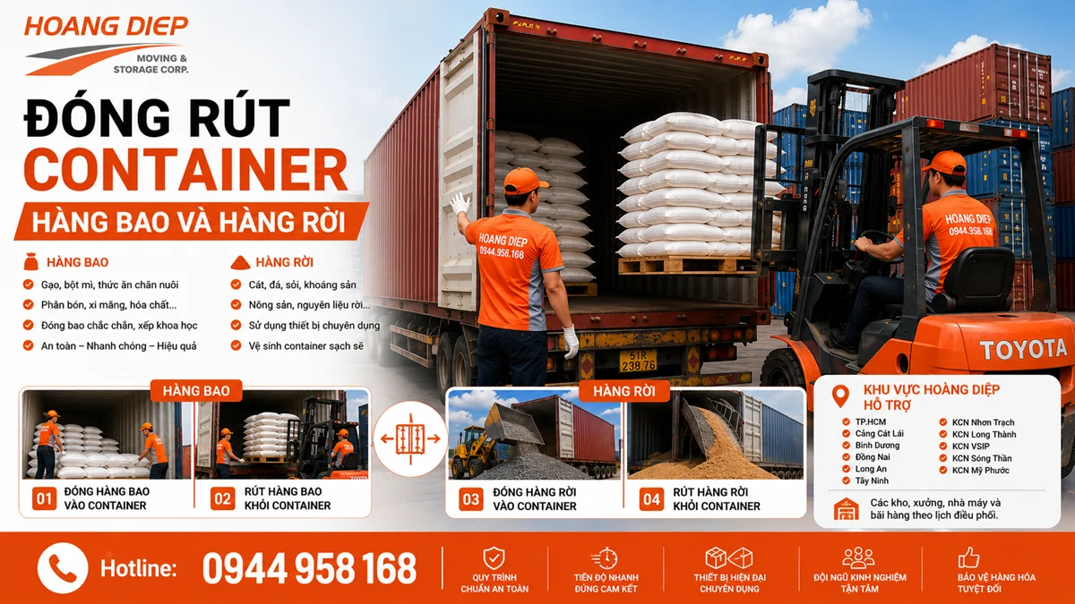 Giới thiệu dịch vụ đóng rút container hàng bao và hàng rời của Hoàng Diệp, hỗ trợ rút hàng, đóng hàng, bốc xếp, kiểm đếm và bàn giao hình ảnh hiện trường.