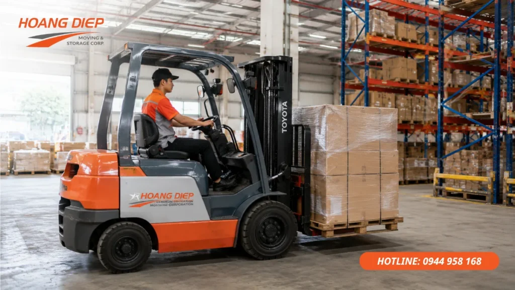 Dịch vụ đóng rút container hàng pallet trong kho, hỗ trợ nâng hạ, bốc xếp và di chuyển hàng hóa bằng xe nâng.