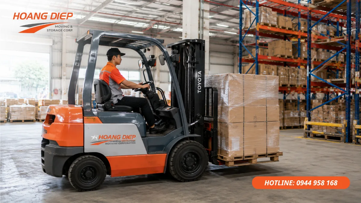 Dịch vụ đóng rút container hàng pallet trong kho, hỗ trợ nâng hạ, bốc xếp và di chuyển hàng hóa bằng xe nâng.
