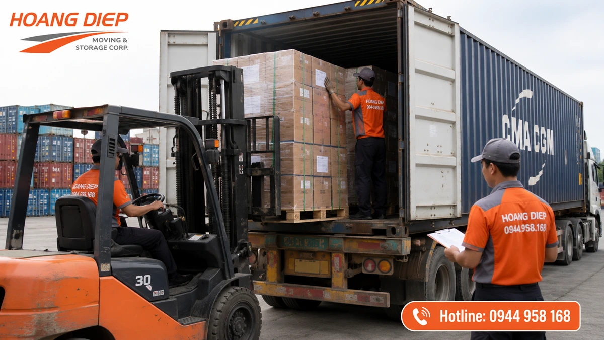 Hoàng Diệp nhận đưa hàng lên xe container bằng xe nâng, hỗ trợ nâng hạ hàng pallet, hàng kiện, máy móc, thiết bị nặng tại kho, nhà máy và khu công nghiệp.