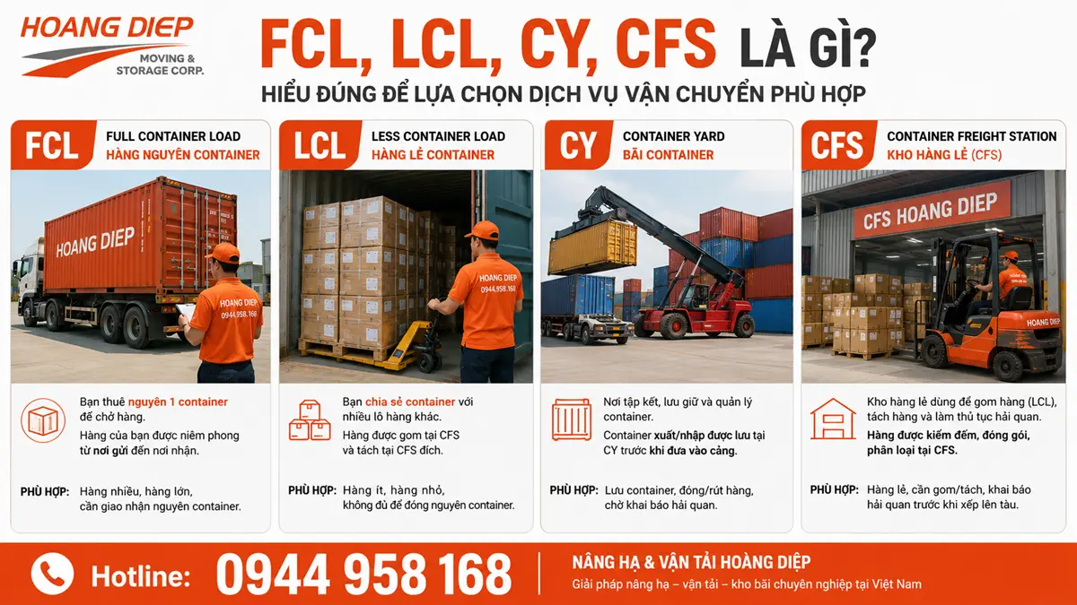 Dịch vụ đóng rút container Hoàng Diệp giúp doanh nghiệp hiểu FCL, LCL, CY, CFS trong logistics, từ hàng nguyên container, hàng lẻ đến kho bãi và quy trình bốc xếp hàng hóa.