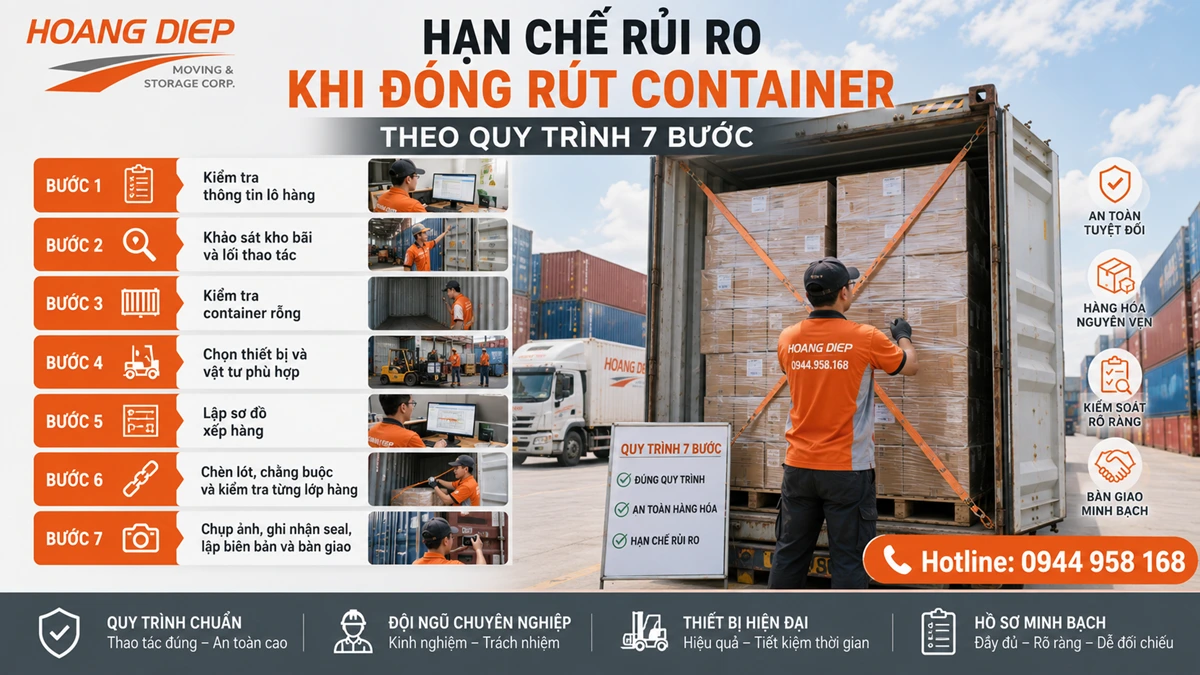 Hạn chế rủi ro khi đóng rút container theo quy trình 7 bước, hỗ trợ bốc dỡ hàng hóa bằng xe nâng an toàn và đúng tiến độ.