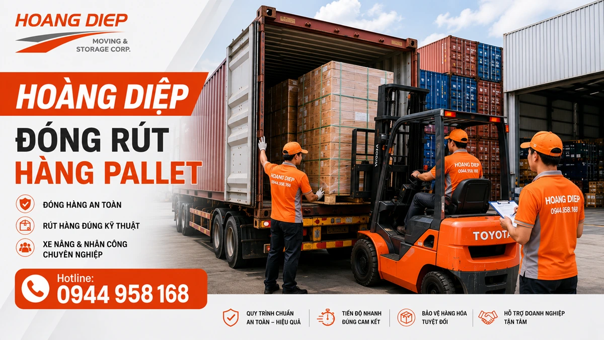 Hướng dẫn quy trình rút hàng pallet khỏi container: kiểm seal, mở cửa an toàn, kiểm tra tình trạng pallet, dùng xe nâng rút hàng, kiểm đếm và bàn giao hình ảnh.