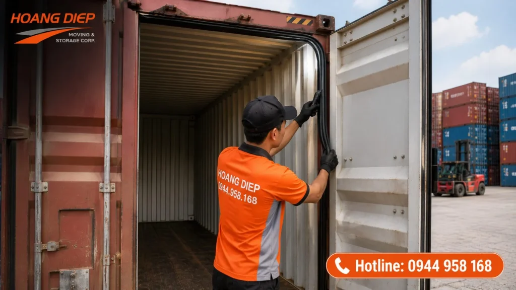 Kiểm tra bên trong container rỗng trước khi đóng hàng, giúp phát hiện tình trạng sàn, vách và độ sạch container để hạn chế rủi ro khi đóng rút container.