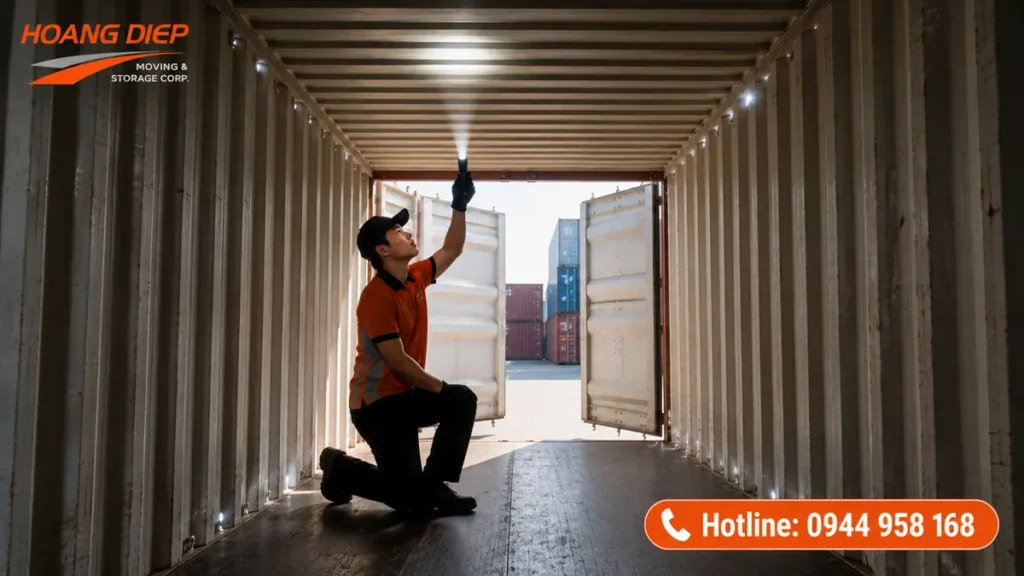Kiểm tra bên trong container rỗng bằng đèn pin trước khi đóng hàng, giúp phát hiện hư hỏng, ẩm nước và đảm bảo an toàn khi đóng rút container.
