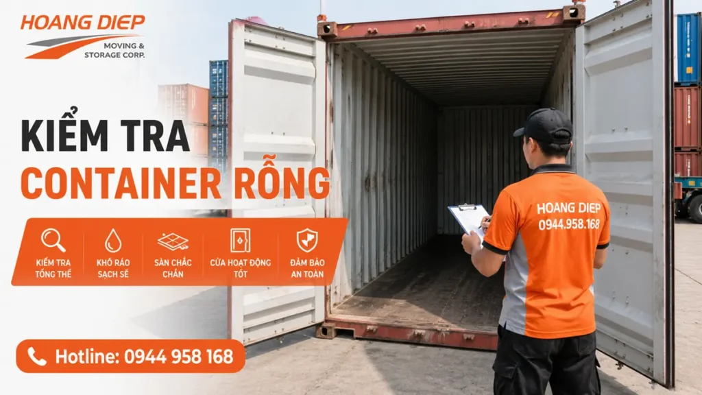 Kiểm tra container rỗng trước khi đóng hàng, giúp phát hiện hư hỏng, ẩm nước và đảm bảo an toàn trong quá trình đóng rút container.
