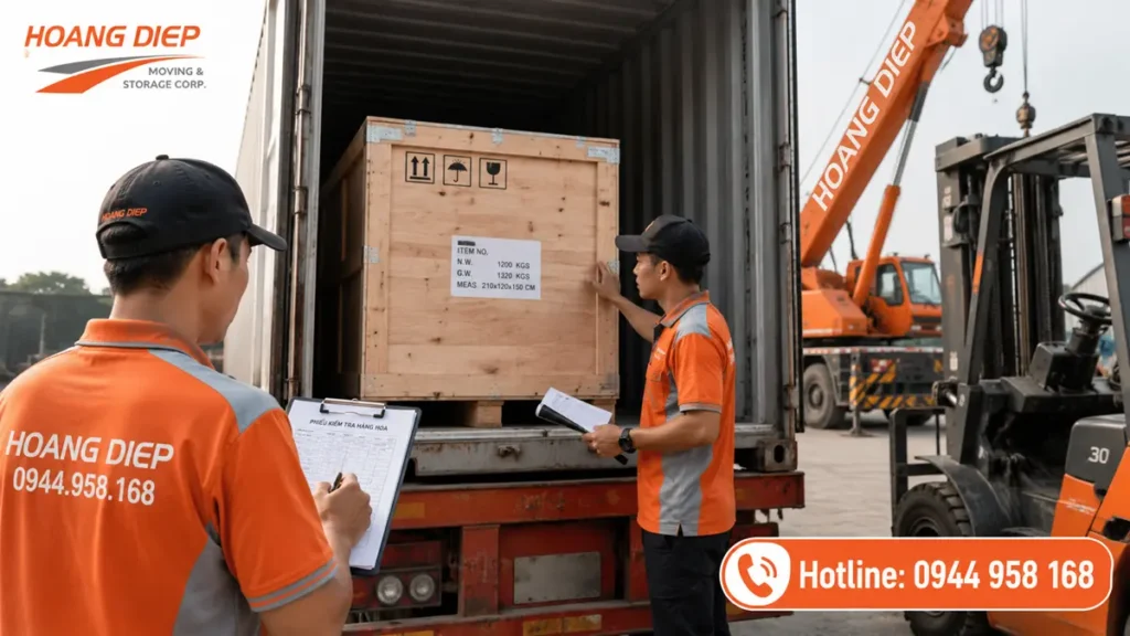 Nâng hạ & Vận tải Hoàng Diệp kiểm tra hàng trước khi điều xe nâng, xe cẩu, giúp tư vấn thiết bị phù hợp và hạn chế rủi ro khi nâng hạ hàng hóa