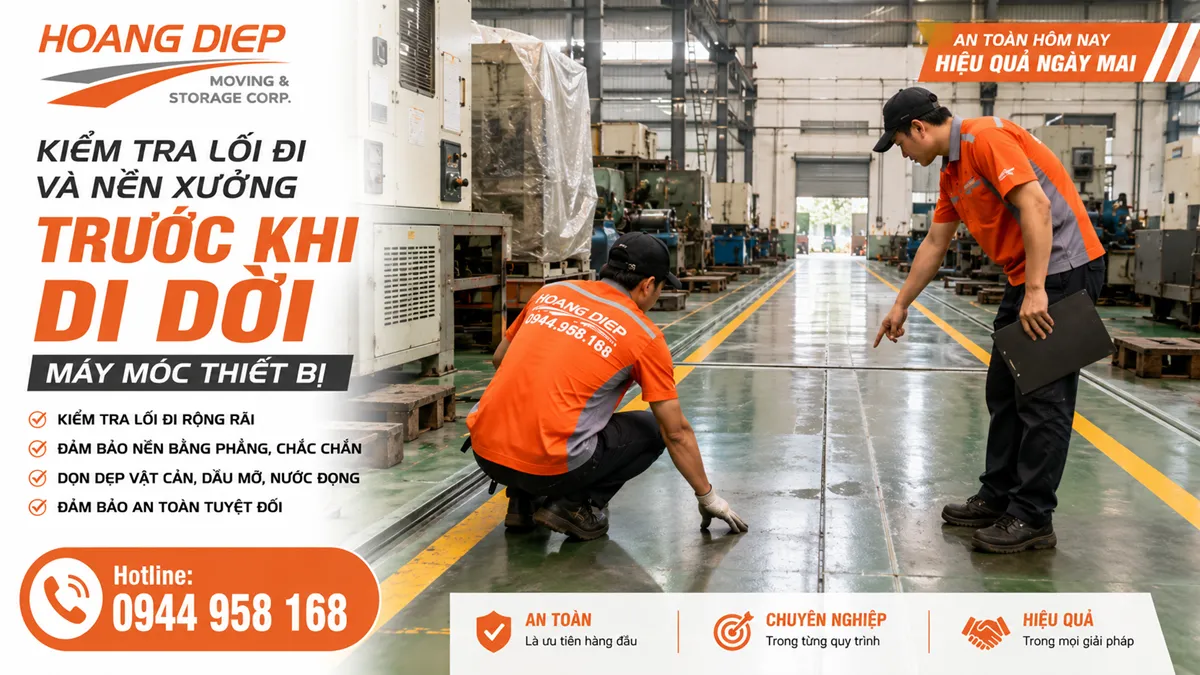 Kiểm tra lối đi và nền xưởng trước khi di dời máy móc thiết bị