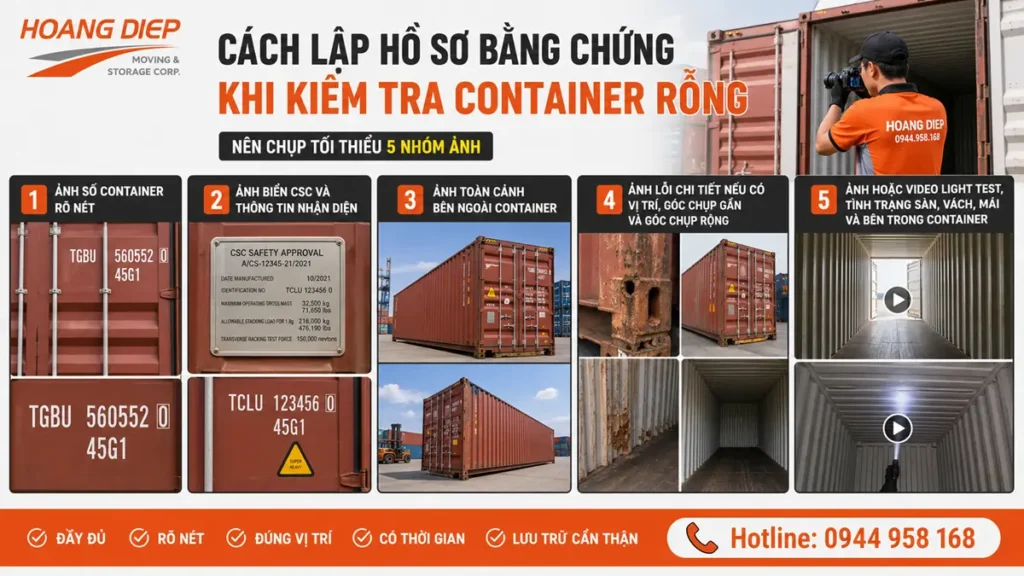 Dịch vụ đóng rút container Hoàng Diệp lập hồ sơ bằng chứng khi kiểm tra container rỗng, giúp hạn chế tranh chấp và rủi ro trước khi đóng hàng
