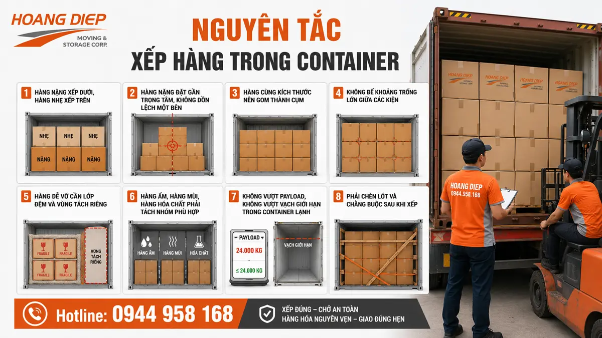 Dịch vụ đóng rút container Hoàng Diệp áp dụng nguyên tắc xếp hàng container đúng kỹ thuật, giúp phân bổ tải trọng, cố định hàng hóa và đảm bảo an toàn khi vận chuyển