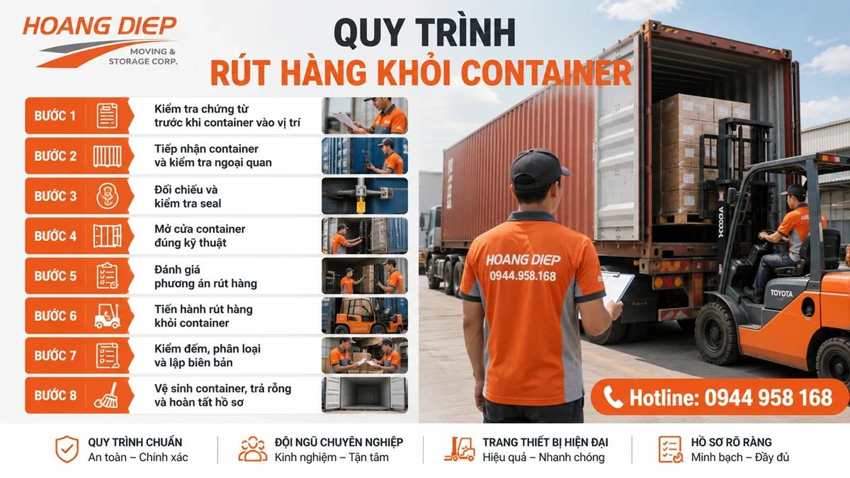 Quy trình 8 bước rút hàng khỏi container bằng xe nâng, hỗ trợ bốc dỡ hàng hóa an toàn và đúng tiến độ tại Hoàng Diệp.