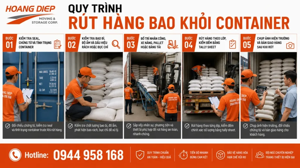 Quy trình rút hàng bao khỏi container gồm kiểm seal, mở cửa an toàn, rút hàng, kiểm đếm, chụp ảnh và bàn giao.