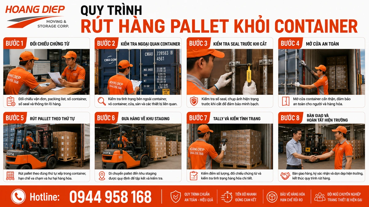 Hướng dẫn quy trình rút hàng pallet khỏi container: kiểm seal, mở cửa an toàn, kiểm tra tình trạng pallet, dùng xe nâng rút hàng, kiểm đếm và bàn giao hình ảnh.