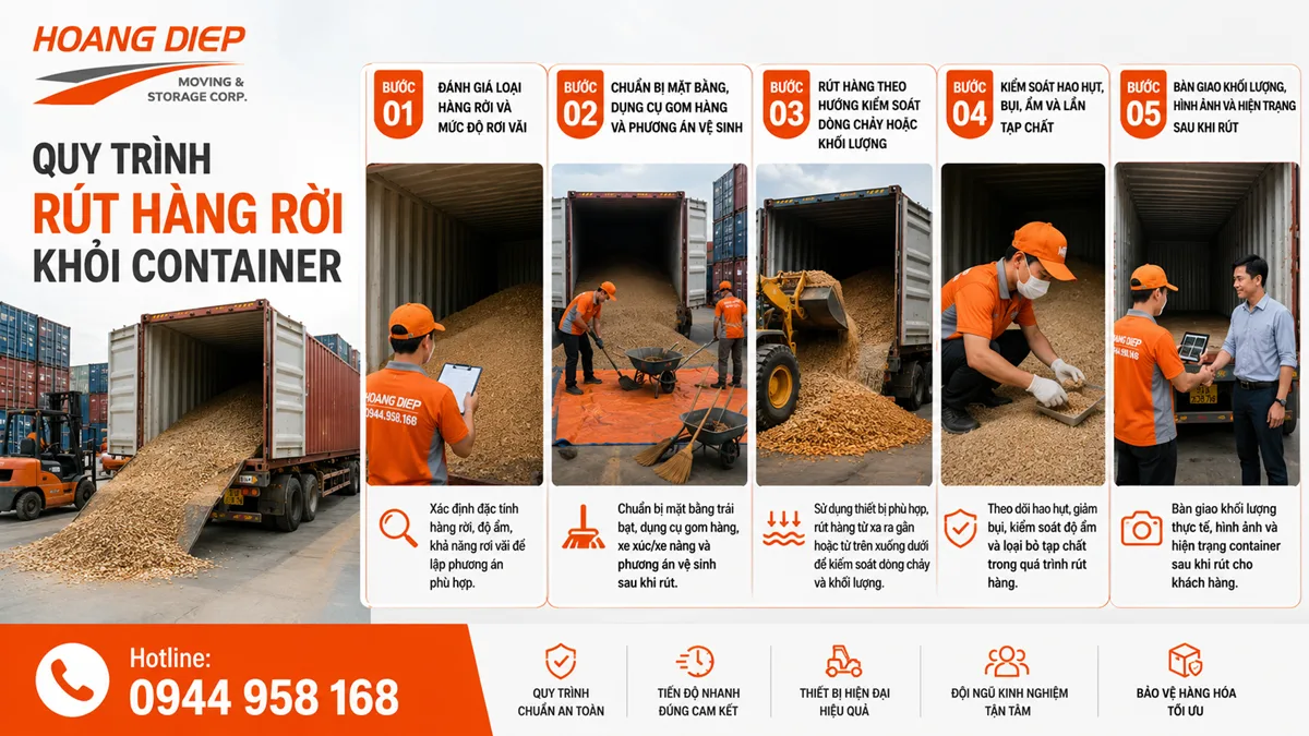 Rút hàng rời khỏi container cần kiểm soát bụi, hao hụt, độ sạch container và vị trí tập kết hàng sau khi rút.