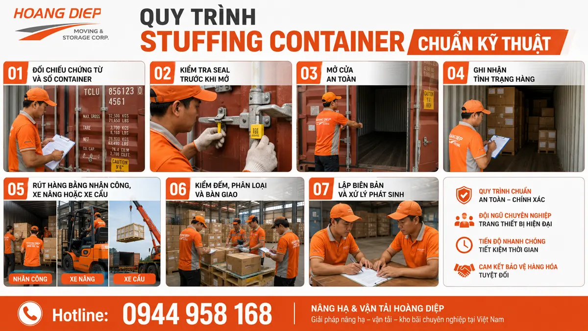 Quy trình stuffing container chuẩn kỹ thuật giúp đóng hàng vào container an toàn, tối ưu không gian và hạn chế hư hỏng khi vận chuyển.