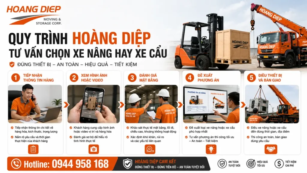 Nâng hạ & Vận tải Hoàng Diệp tư vấn chọn xe nâng hoặc xe cẩu phù hợp theo loại hàng, tải trọng, mặt bằng và nhu cầu nâng hạ hàng hóa an toàn